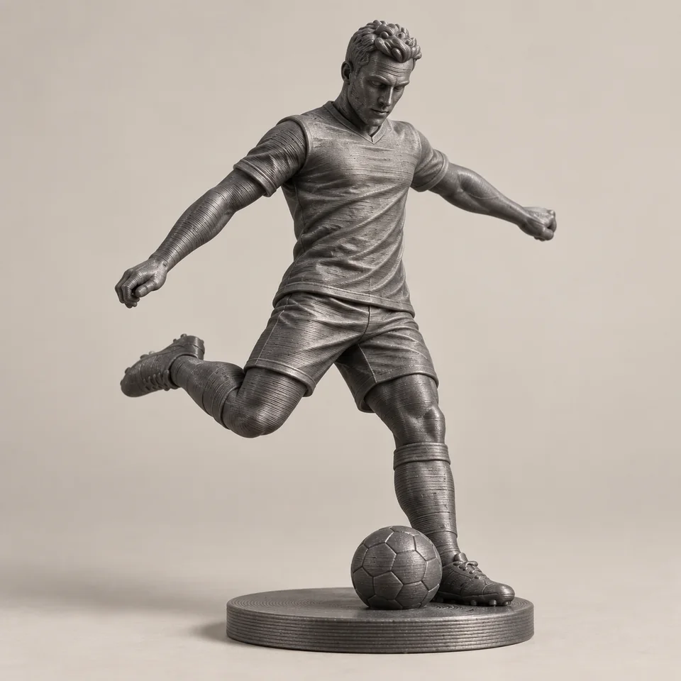 Anteprima Foto3D di un calciatore al tiro, monocolore grigio ferro su base rotonda