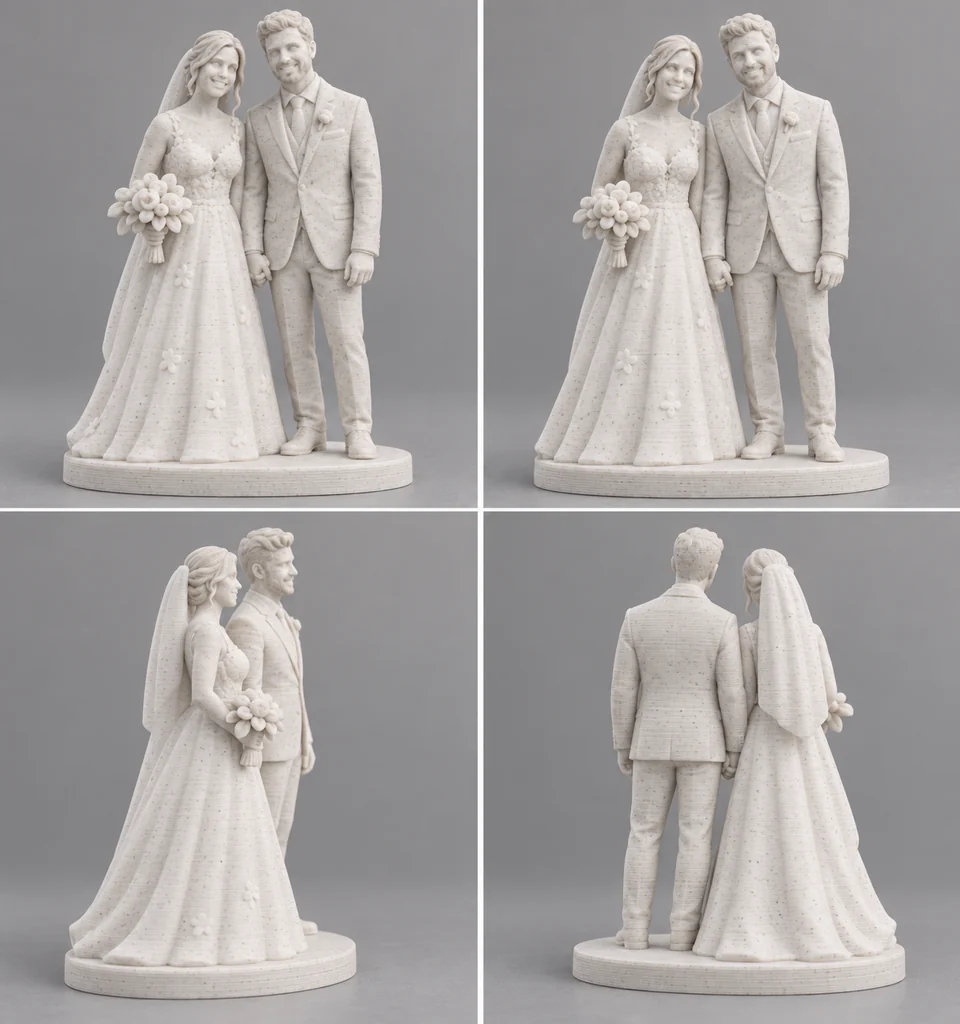 Illustrative preview of a couple in white marble-effect PLA, with visible print layers