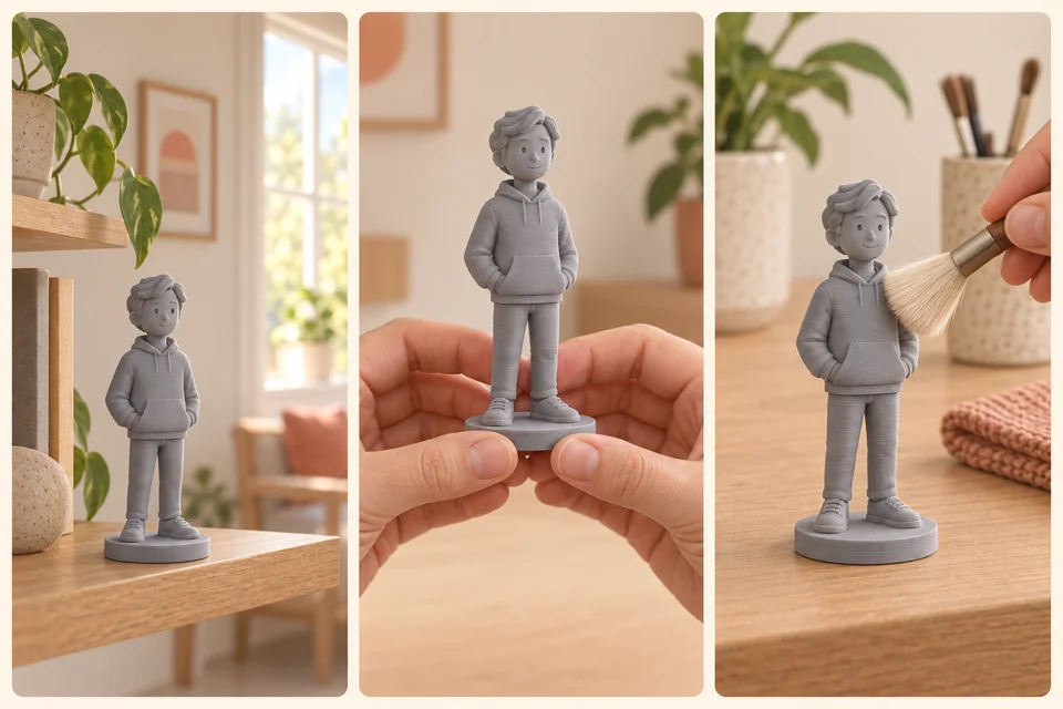 Illustrazione in tre scene: statuetta PLA su una mensola, presa dalla base e pulizia con pennello morbido