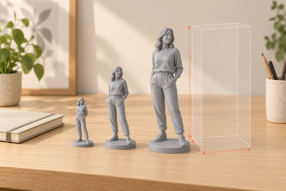 Tre statuette illustrative di dimensioni diverse e uno schema di altezza, larghezza e profondità