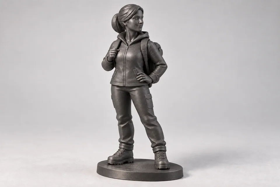 Foto3D preview of a hiker with a backpack in iron grey PLA Metal, with visible print layers