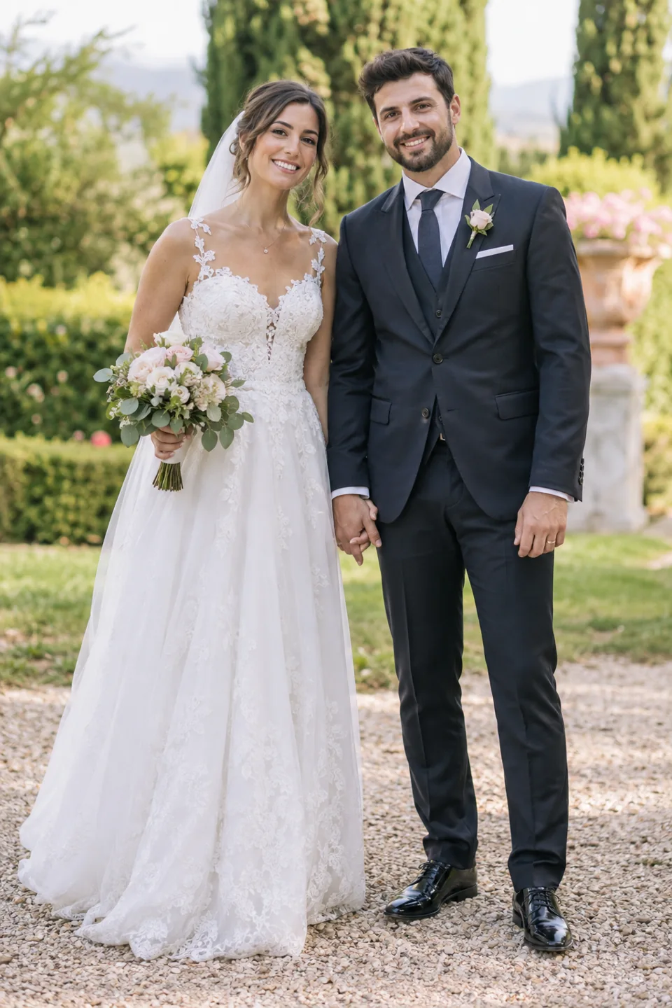 Source photograph of the smiling wedding couple