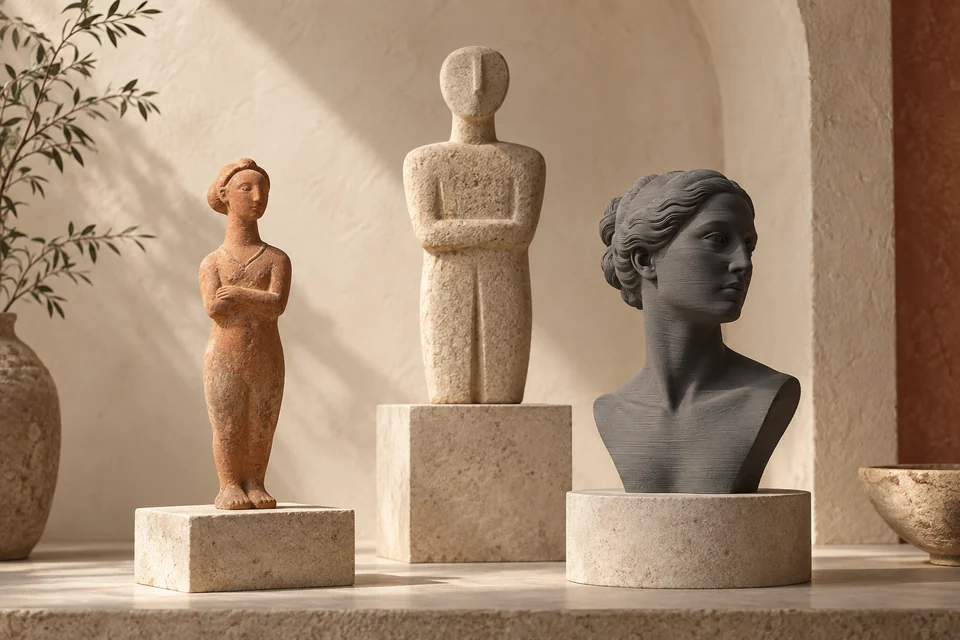 Composizione illustrativa con figura in terracotta, figura astratta e busto contemporaneo a strati