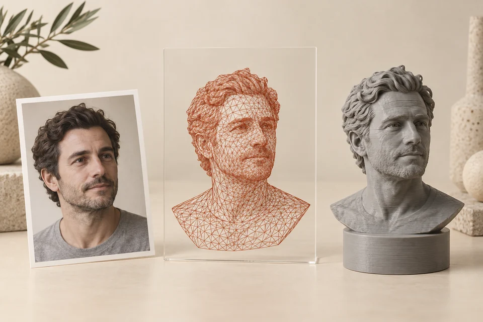 Illustrazione delle tre fasi: ritratto fotografico, superficie triangolata e busto a strati