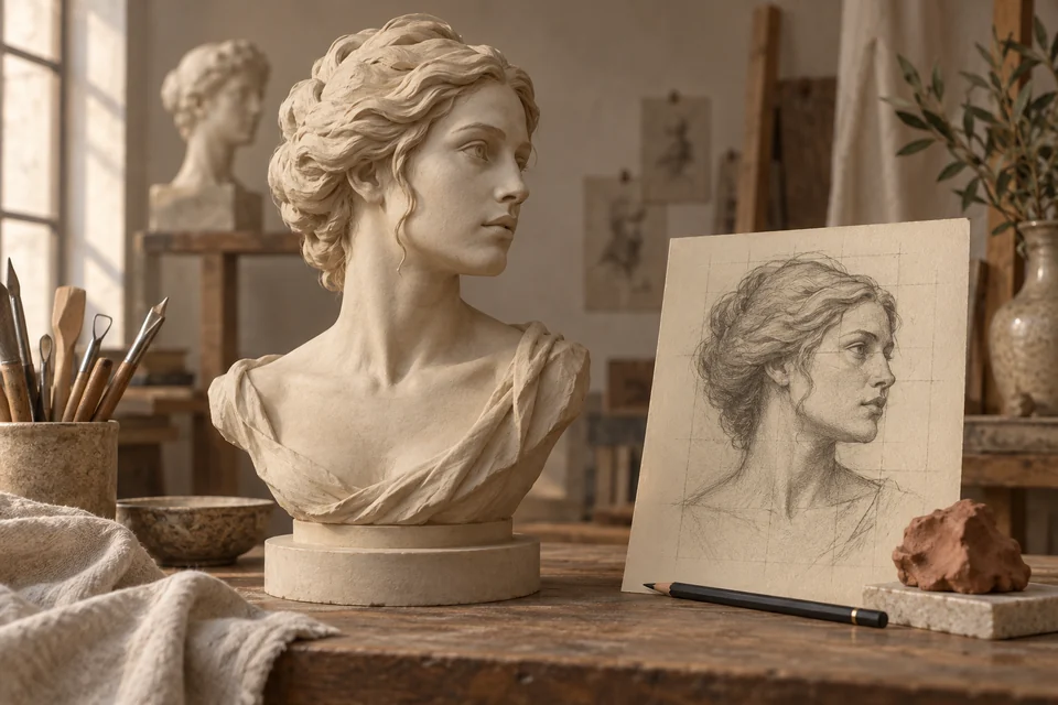 Busto femminile immaginario accanto a uno studio del profilo su carta